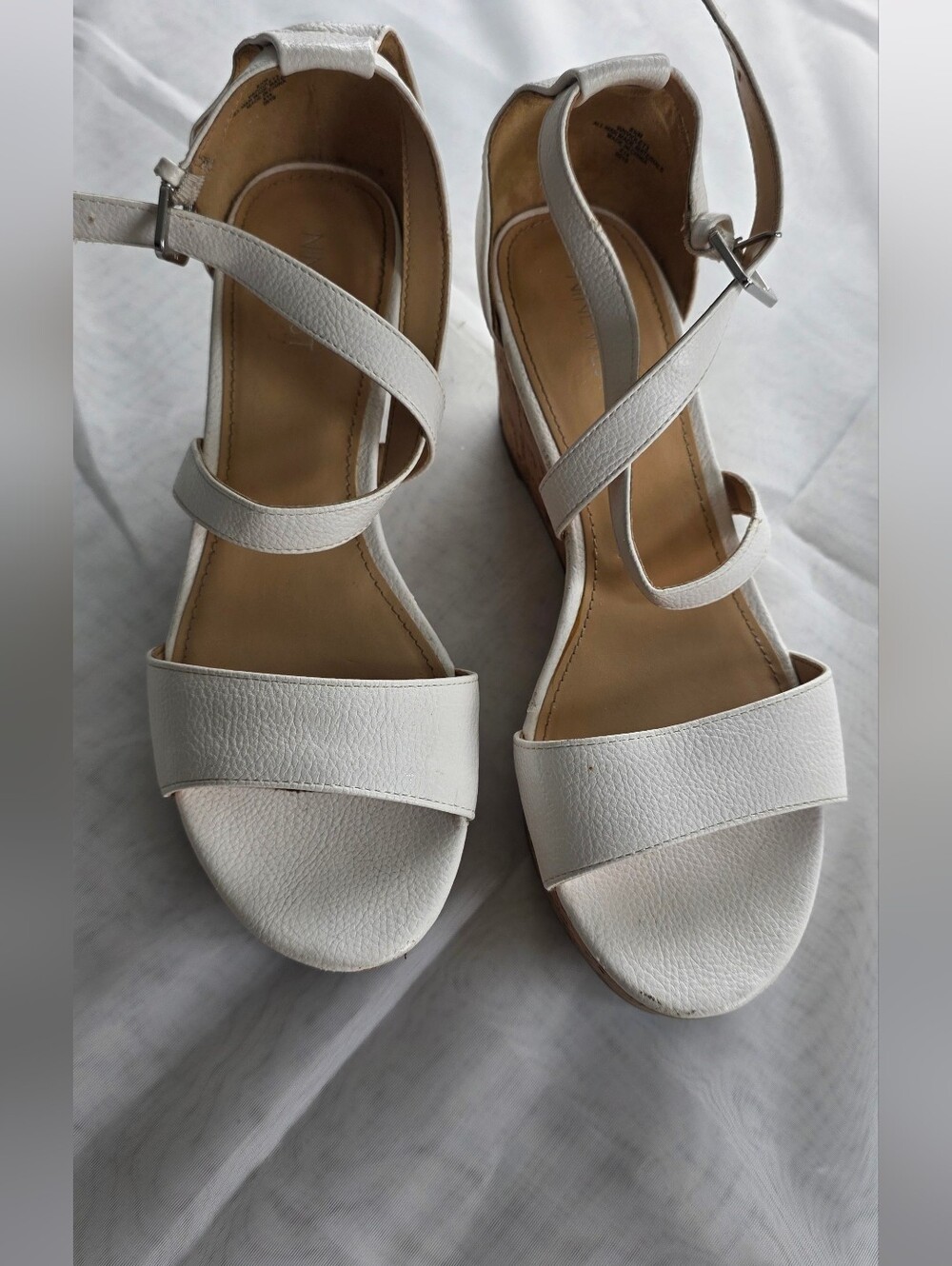Nine West White Leather Strappy Wedge Sandals